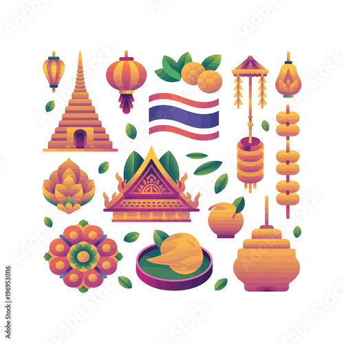 A colorful gradient illustration set featuring Thailand cultural symbols.
