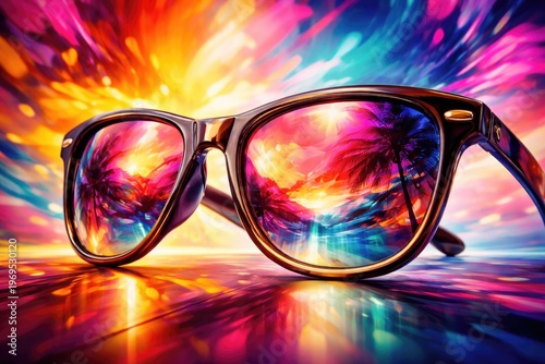 Illustration of sunglasses with vivid colorful backdrop