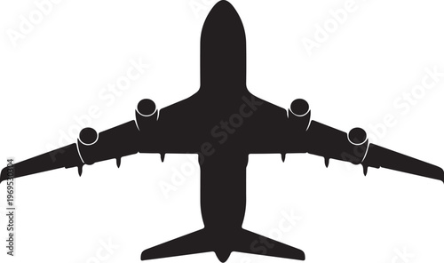 Airplane silhouette, black aircraft icon, flying plane symbol, aviation vector