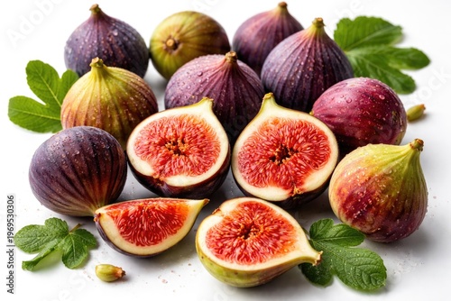 Fresh figs assortment with vibrant textures on bright white background