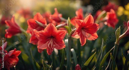 Summer scene with bright red amaryllis flowers in full growth