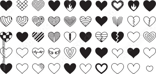 Variety of heart shapes in different styles from minimalist outline to textured and broken hearts isolated.