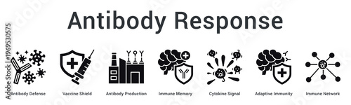 Antibody response banner web icon demonstrates vaccine-triggered antibody production and immune memory formation processes.