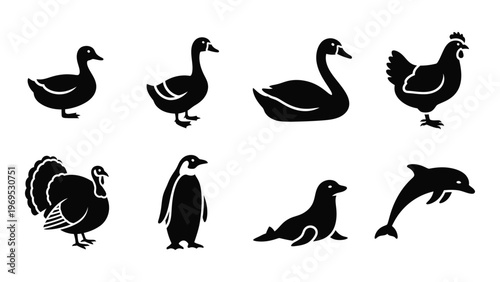 A collection of various waterfowl and animals depicted in stark black forms creating a minimalist silhouette high quality professional detailed modern