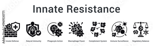 Innate resistance banner web icon provides immediate natural defense through phagocytes and surveillance mechanisms balancing responses.