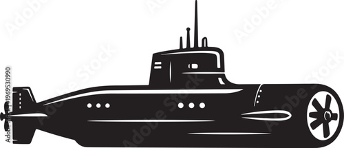 Black submarine icon, vector submarine illustration, nautical symbol, black and white graphic