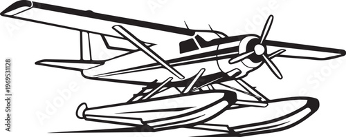 Seaplane, floatplane, vector illustration, black and white, aircraft, transportation, aviation