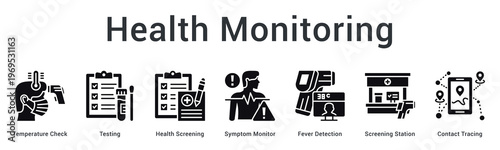 Health monitoring banner web icon tracks temperature, symptoms and contacts for early disease detection systems.