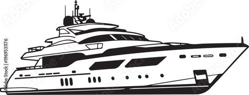 Luxury yacht, mega yacht, boat, vessel, nautical, vector, black and white, illustration, graphic