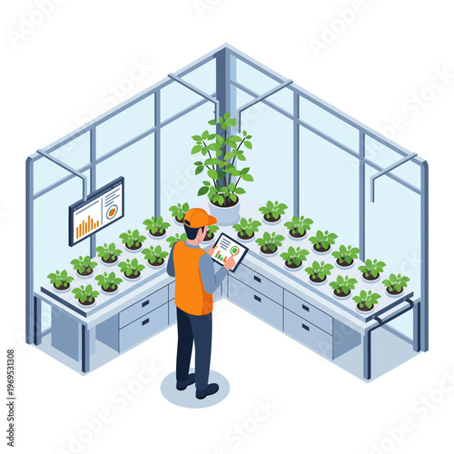 A farmer inspects rows of plants inside a modern greenhouse, using a tablet displaying growth data. Ideal for agriculture technology, sustainable farming, and scientific research concepts.