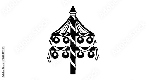 A stylized black and white illustration of a decorative object with symmetrical elements and flowing lines.
