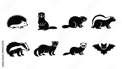 A collection of various mustelid animals including a hedgehog and bat displayed as striking black shapes silhouette high quality professional detailed