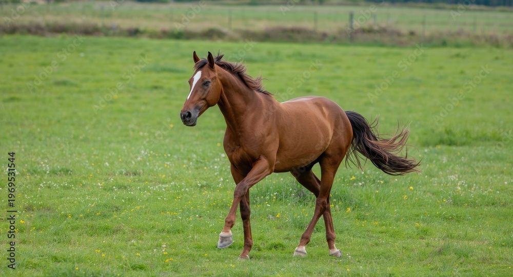 Fototapeta premium vibrant horse prancing in sprawling green pasture