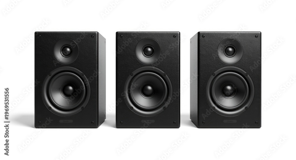 Fototapeta premium Three black audio speakers aligned in a row isolated on a bright white background