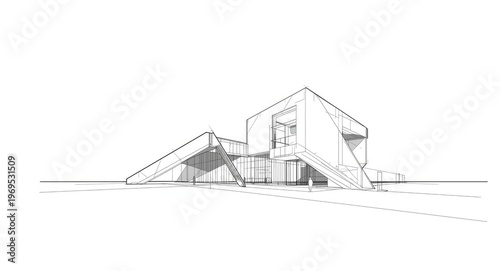Stylized isolated line sketch of futuristic asymmetric construction