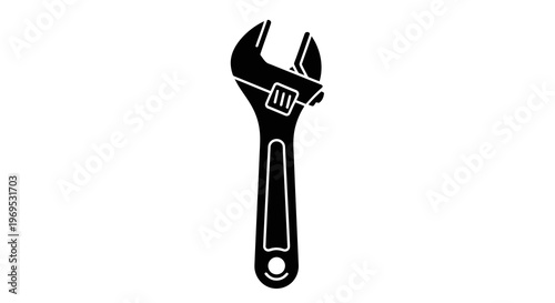 A simple black and white illustration of an adjustable wrench on a white background.