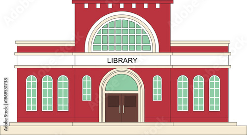Illustration of a Library Building with Large Windows, Arched Entrance, and Modern Design for Educational, Architecture, and Public Space Designs