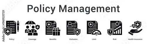 Policy management banner web icon outlines coverage terms, benefits, exclusions and risk limits for insurance contracts.