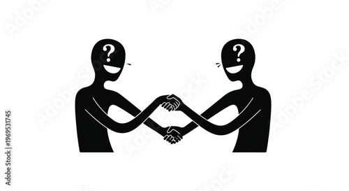 Two silhouetted figures shaking hands with question marks above their heads, symbolizing uncertainty in communication.
