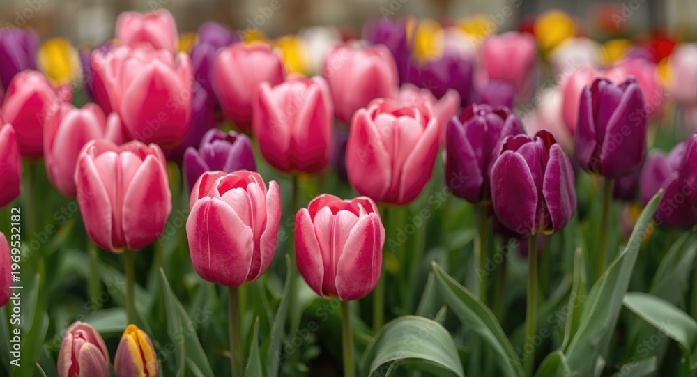 Obraz premium Springtime celebration with vibrant pink and purple tulips