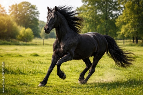 Energetic black horse trotting across a sunny green pasture