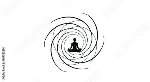 Silhouette of person meditating peacefully within a swirling vortex of abstract lines, representing inner calm and focus.
