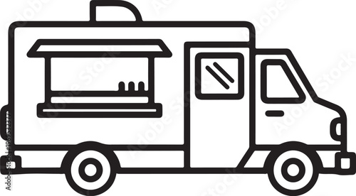 Food truck, vector illustration, black line art, simple icon, restaurant on wheels