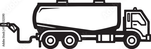 Black oil tanker truck, fuel transportation vehicle, industrial logistics icon, transportation equipment