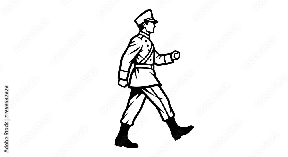 Fototapeta premium A simple black and white drawing of a man walking and wearing a uniform.