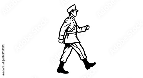 A simple black and white drawing of a man walking and wearing a uniform.
