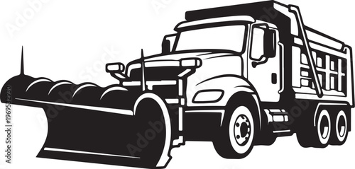 Snowplow truck, winter service vehicle, snow removal equipment, black and white vector
