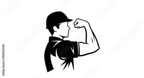 A cartoon man flexing his arm to show off his muscles.