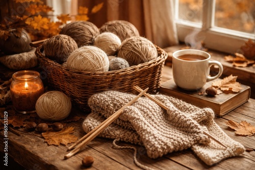 Cozy knitting scene with ya...
