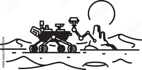 Mars rover, robotic exploration, space mission, black line art, vector illustration