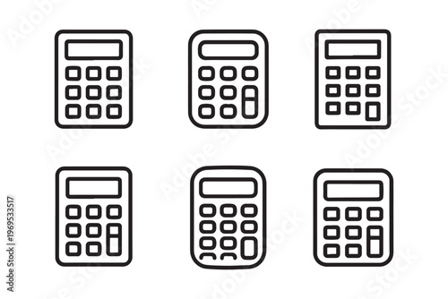 set of six black silhouette line art Calculator design different style  vector white background