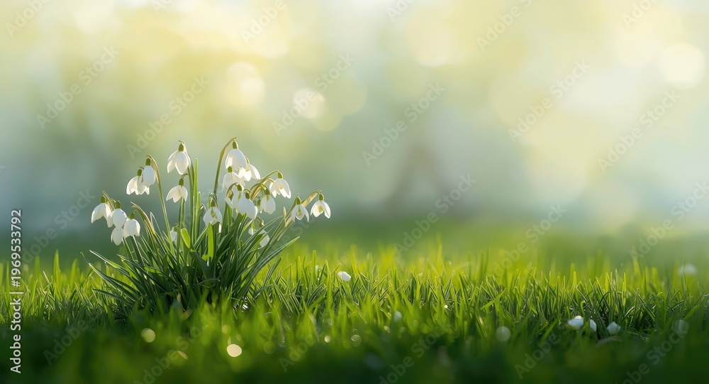 Fototapeta premium Sunlight enhancing white flowers blooming on green grass in a garden with dynamic abstract background