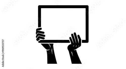 Hands holding a tablet with a blank screen in a simple graphic illustration.