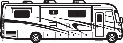 Motorhome, RV, camper van, recreational vehicle, travel trailer, vector illustration, black and white, line art, side view