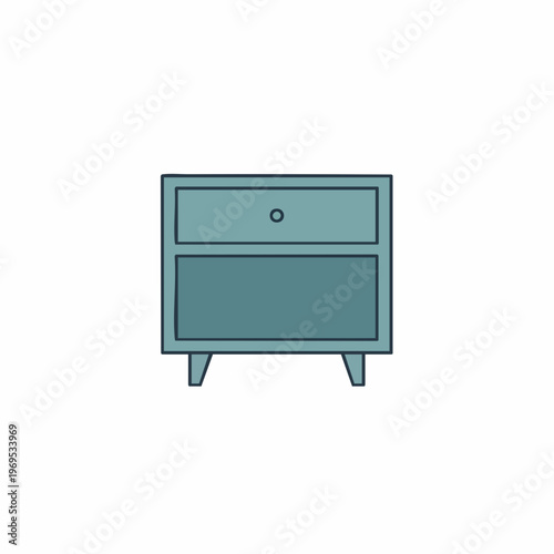 Teal nightstand with two drawers and a circular knob, outlined in dark blue