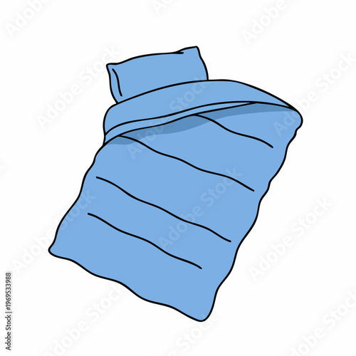Simple Illustration of a Light Blue Sleeping Bag with Pillow