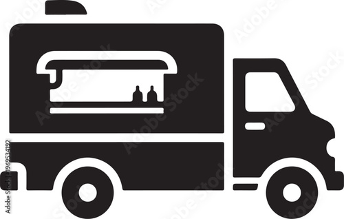 Food truck, black silhouette, vector icon, restaurant on wheels, catering vehicle