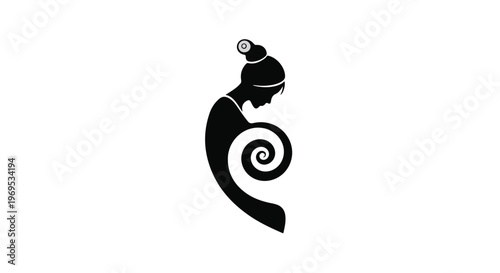 Elegant silhouette of a woman embracing her pregnant belly with a spiral symbolizing growth and life.