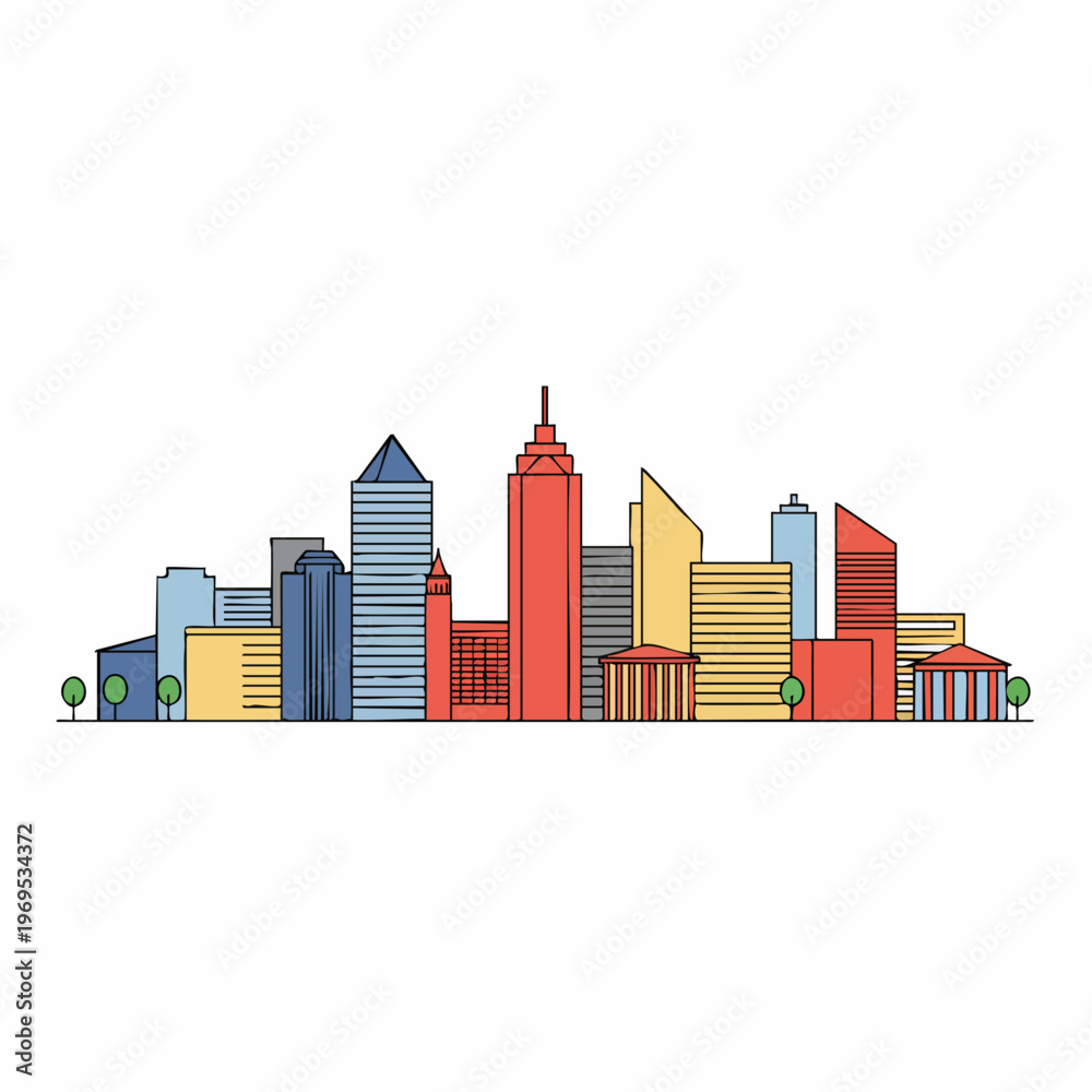 Fototapeta premium Colorful Cityscape Skyline with Geometric Buildings and Minimalist Trees