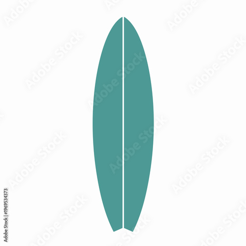 Teal Surfboard with a Central White Stripe and Pointed Tail Design