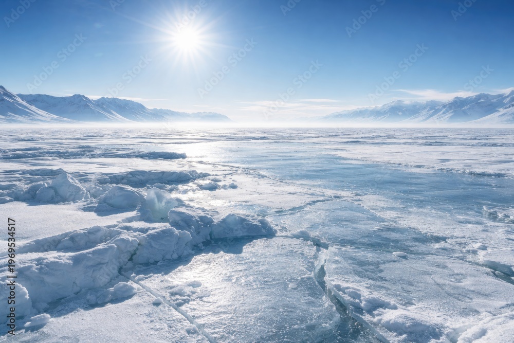 Fototapeta premium Expansive Frozen Arctic Landscape Under Bright Winter Sunlight