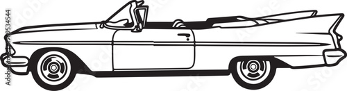Vintage convertible car, classic automobile, black and white illustration, line art vehicle