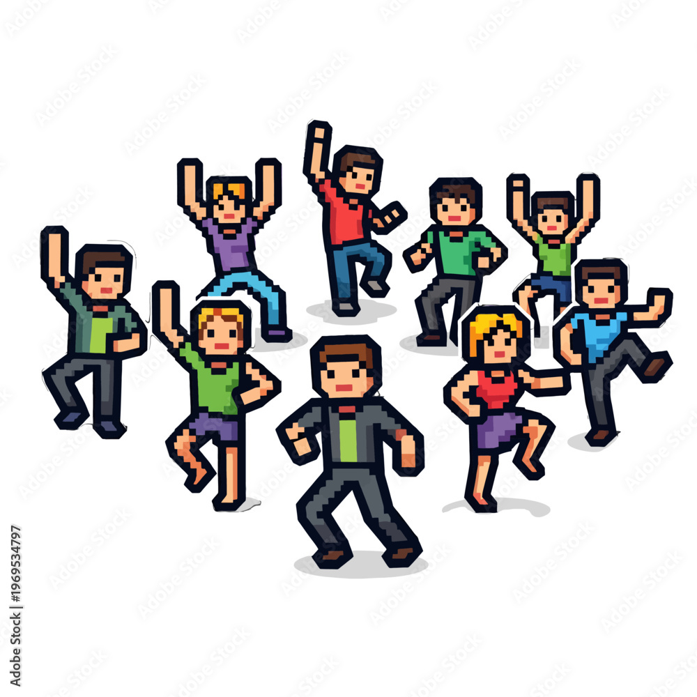 Naklejka premium Group of pixelated people dancing and celebrating together