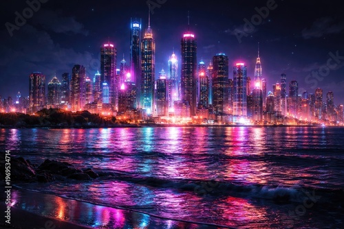 Vibrant neon cityscape glow...