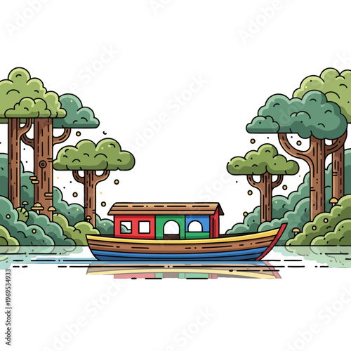 A colorful boat floats on calm water surrounded by lush green trees