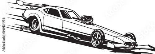 Racing car vector, speeding vehicle illustration, black and white, motion graphics element